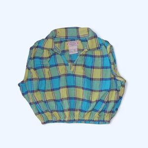 Vintage 90s At Last Jeanswear Plaid Open-Collar Elastic Hem Top - Medium